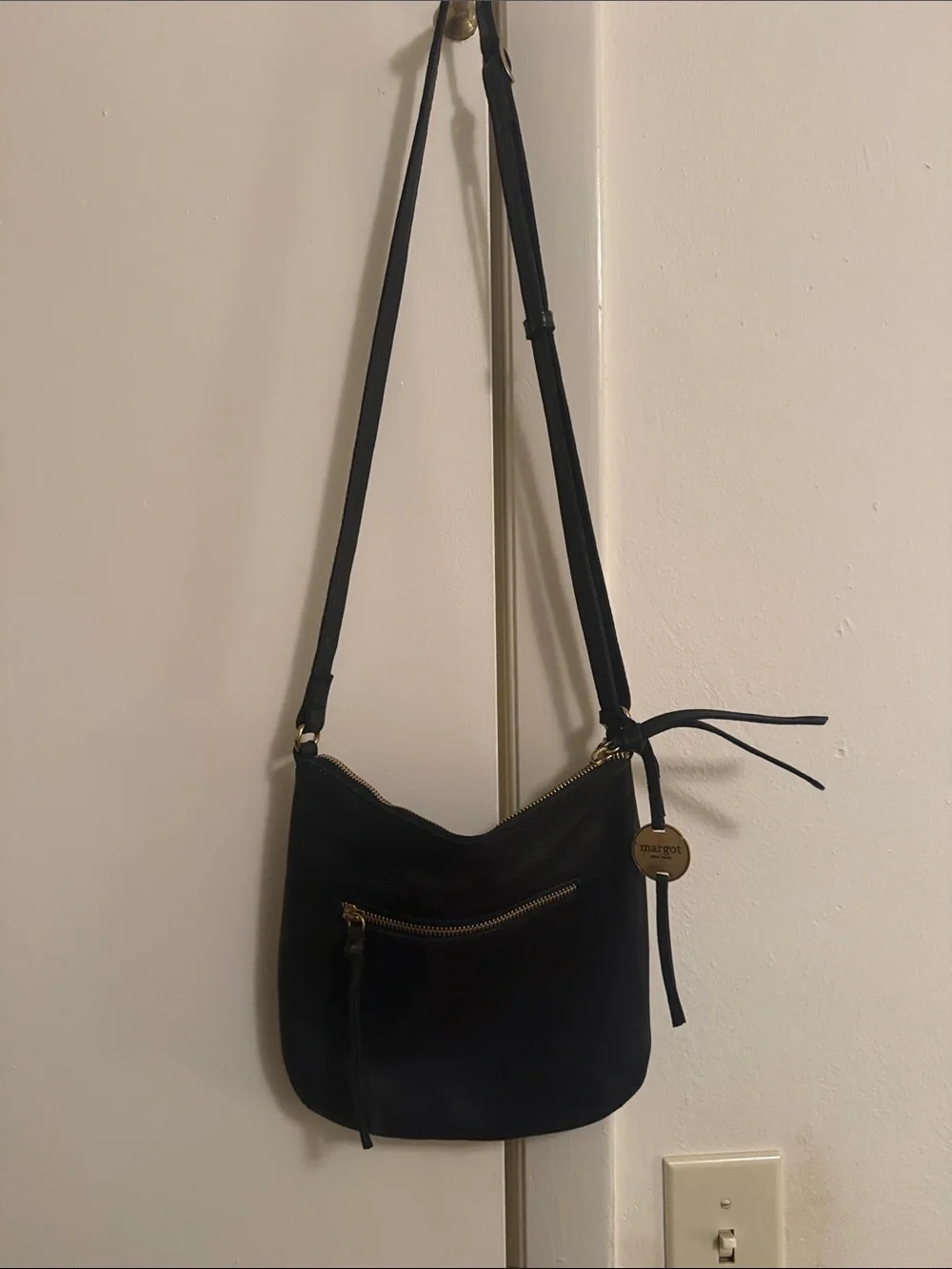 margot Black Leather Crossbody with Gold Charm